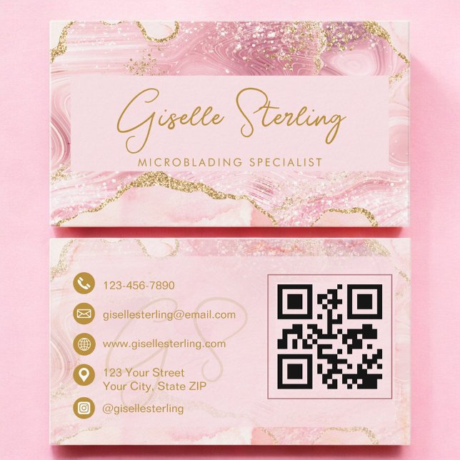 Luxe Microblading Blush Pink Gold Agate QR Code Visitenkarte (Von Creator hochgeladen)