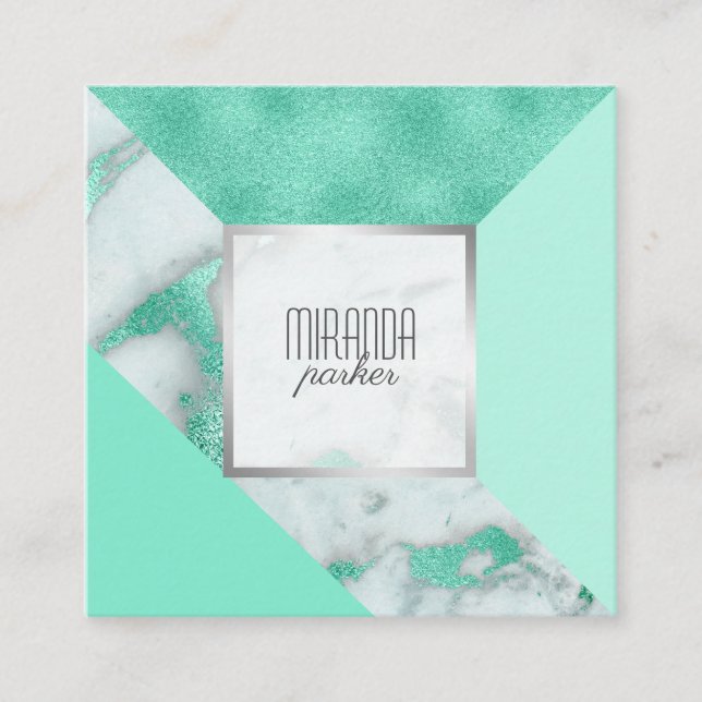 Luxe Mint Marble Geometric Square Business Card Quadratische Visitenkarte (Vorderseite)