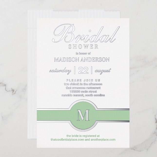 Luxe Monogram Chic Brautparty Green Silver Folieneinladung (Briefumschlag)