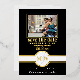 Luxe Monogram Foto Save the Date Schwarz und Gold Folieneinladung