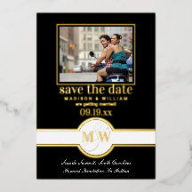 Luxe Monogram Foto Save the Date Schwarz und Gold