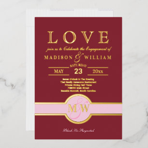Luxe Monogram LIEBE Engagement Party Burgundy Gold Folieneinladung
