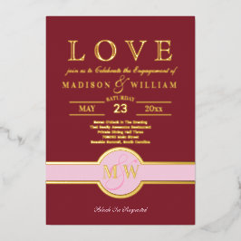 Luxe Monogram LIEBE Engagement Party Burgundy Gold Folieneinladung