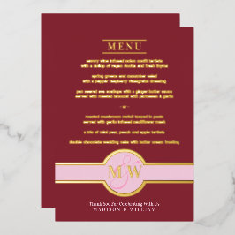 Luxe Monogram Modern Elegante Menu Burgundy Gold Folieneinladung