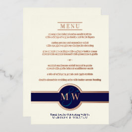 Luxe Monogram Modern Elegante Menu Navy Rose Gold Folieneinladung