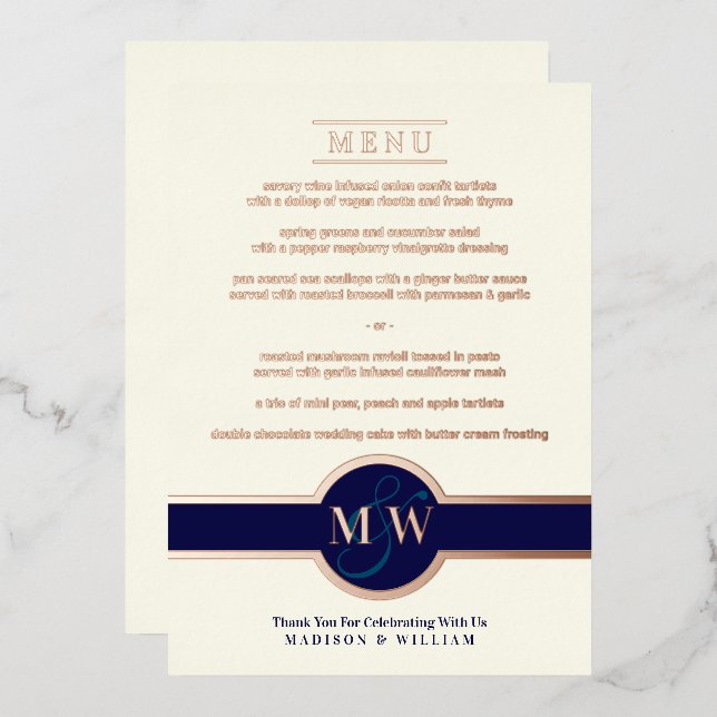 Luxe Monogram Modern Elegante Menu Navy Rose Gold Folieneinladung (Vorderseite/Rückseite)