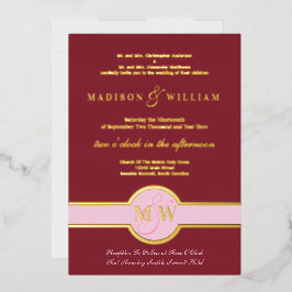 Luxe Monogram Modern Wedding Burgundy Gold Folieneinladung