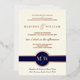 Luxe Monogram Modern Wedding Navy Rose Gold Folieneinladung
