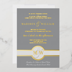 Luxe Monogram Moderne Hochzeit Grau und Gold Folieneinladung