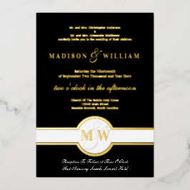 Luxe Monogram Modernes Hochzeitschwarz und Gold Fo Folieneinladung