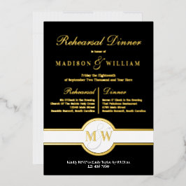 Luxe Monogram Probe Dinner Black and Gold Folieneinladung