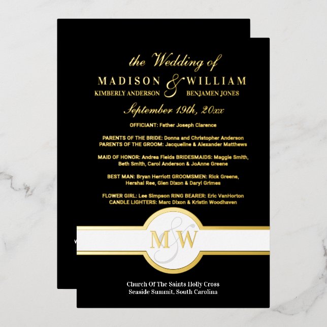 Luxe Monogram Wedding Program Black and Gold Folieneinladung (Vorderseite/Rückseite)