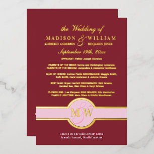 Luxe Monogram Wedding Program Burgundy Gold Folieneinladung