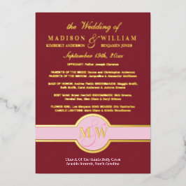 Luxe Monogram Wedding Program Burgundy Gold Folieneinladung