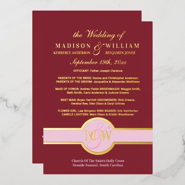 Luxe Monogram Wedding Program Burgundy Gold Folieneinladung (Vorderseite/Rückseite)