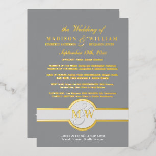 Luxe Monogram Wedding Program Grau and Gold Folieneinladung