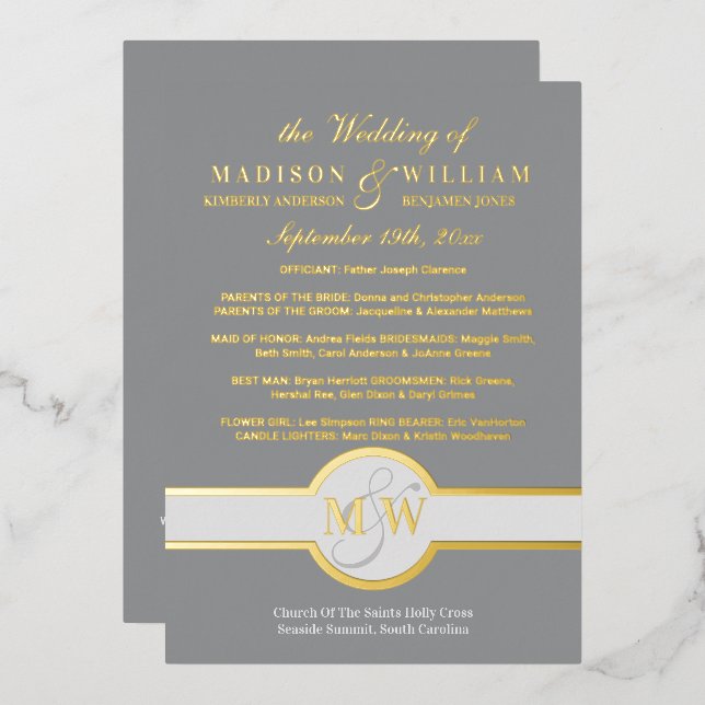 Luxe Monogram Wedding Program Grau and Gold Folieneinladung (Vorderseite/Rückseite)