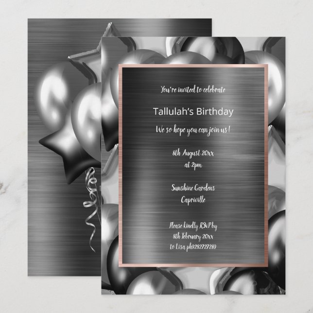 LUXE MOODY BLACK METALLIC BALLOON INVITATION EINLADUNG (Vorne/Hinten)
