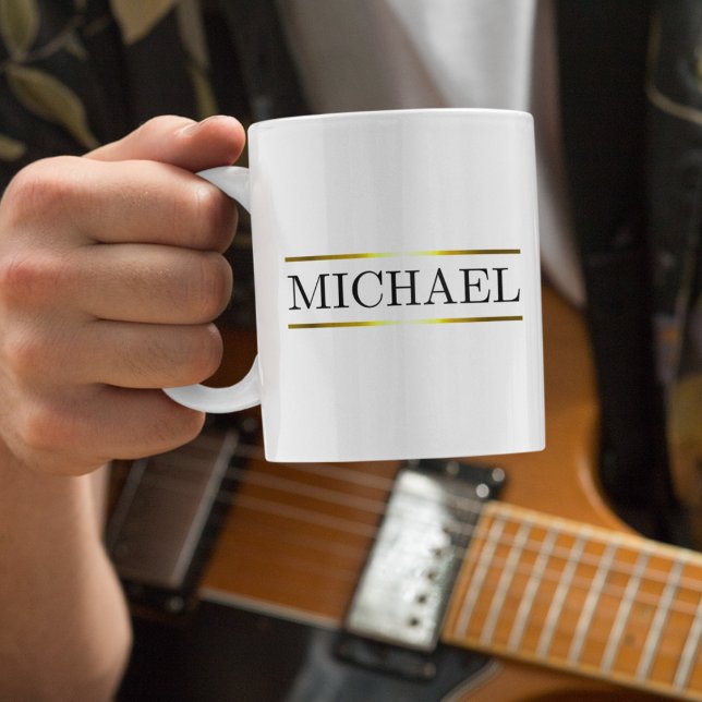 Luxe Name Bar Kaffeetasse (White coffee mug with horizontal name bar and sleek faux gold trim for a polished look.)