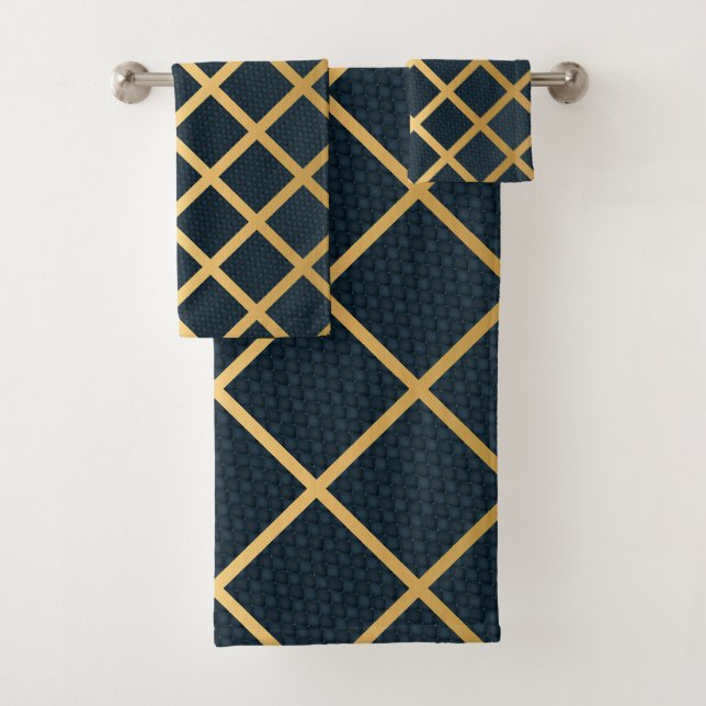 LUXE NAVY ABSTRAKT GOLD GRID BATH TOWEL SET (Insitu)