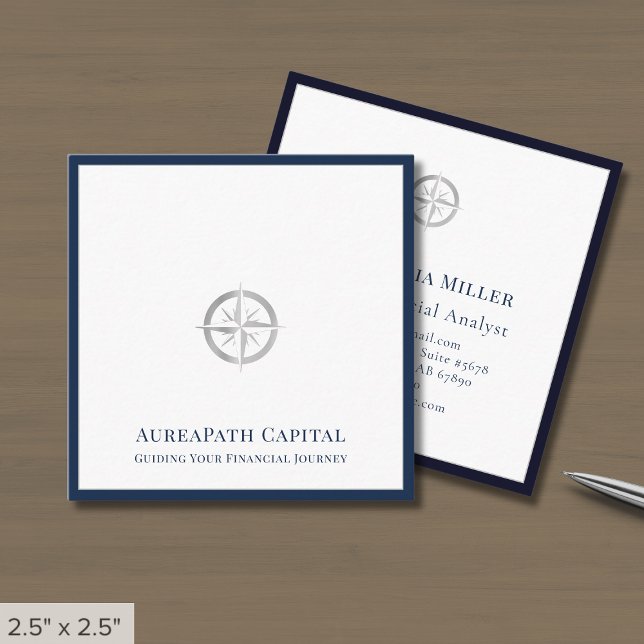 Luxe Navy Blue Border Silver Logo Quadratische Visitenkarte (Von Creator hochgeladen)