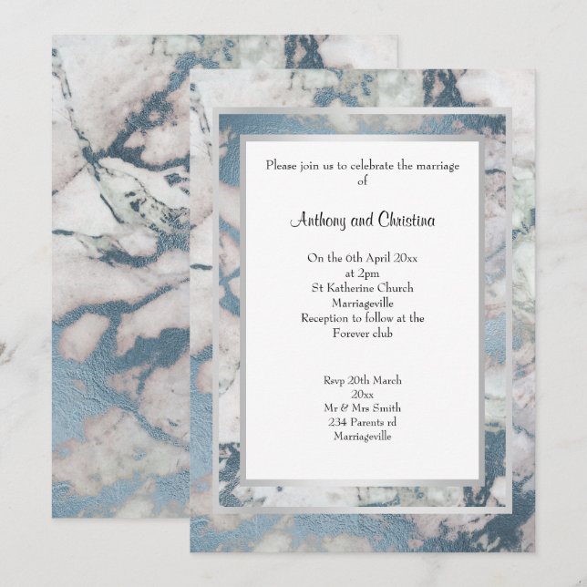 LUXE NAVY BLUE SILVER MARBLE WEDING INVITATION EINLADUNG (Vorne/Hinten)