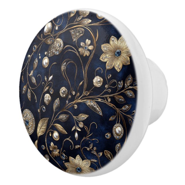 Luxe Navy Gold Blumenmuster Keramikknauf (Rechts)