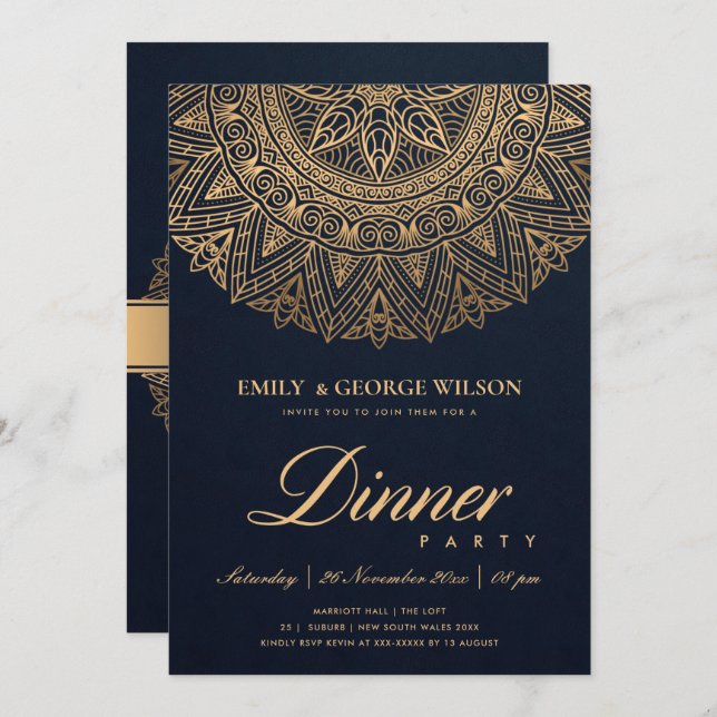 LUXE NAVY GOLD CLASSIC VERZIERT MANDALA DINNER PAR EINLADUNG (Vorne/Hinten)