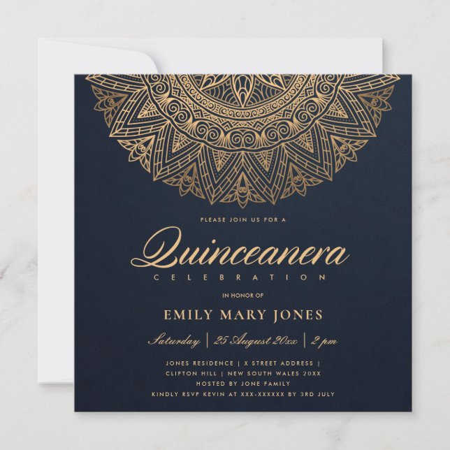 LUXE NAVY GOLD CLASSIC VERZIERT MANDALA QUINCEANER EINLADUNG (Vorderseite)