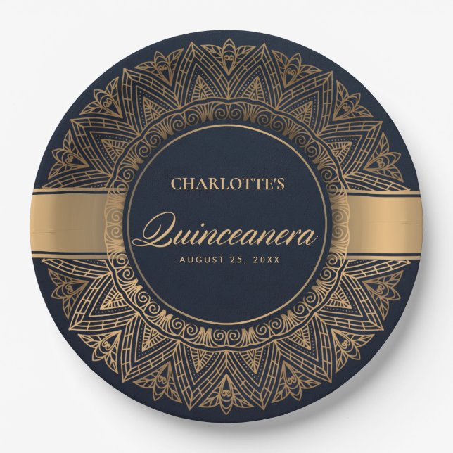 LUXE NAVY GOLD CLASSIC VERZIERT MANDALA QUINCEANER PAPPTELLER (Vorderseite)