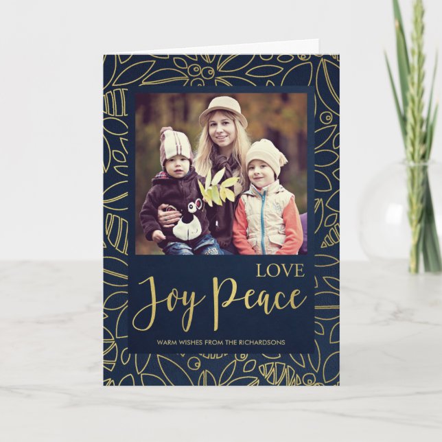 LUXE NAVY GOLD HOLLY BERRIES LIEBE JOACE PEACE FOT KARTE (Vorderseite)