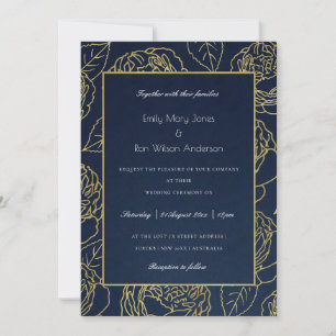 LUXE NAVY GOLD KRAFT ELEGANT ROSE FLORAL WEDDING EINLADUNG