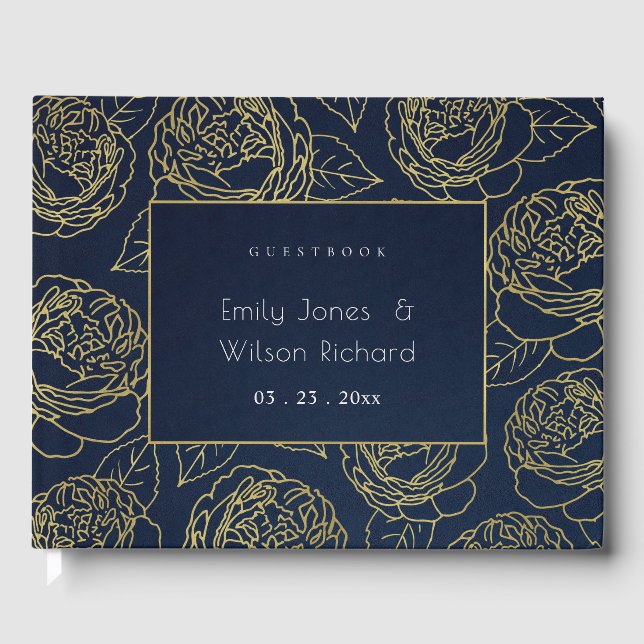 LUXE NAVY GOLD KRAFT ELEGANTE ROSE BLUMENWEDD GÄSTEBUCH (Vorderseite)