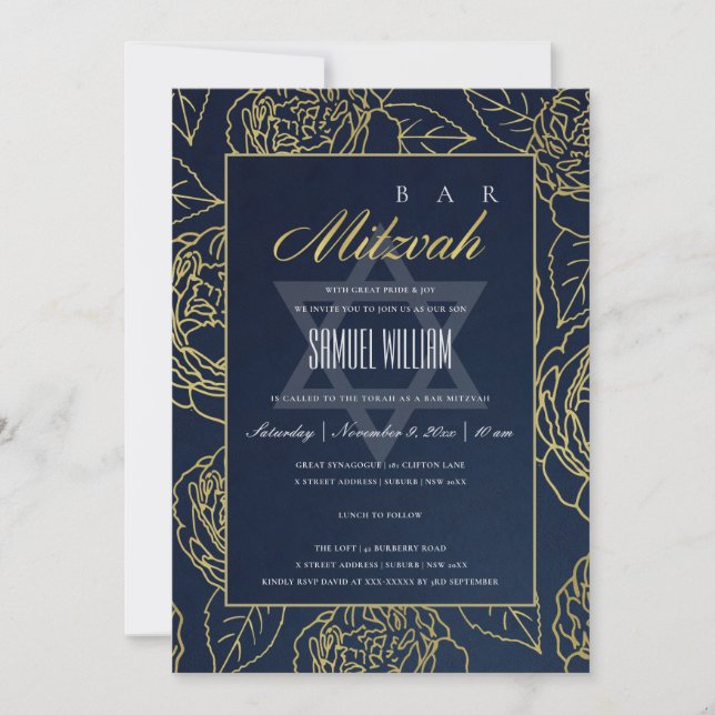 LUXE NAVY GOLD ROSE FLORAL BAT BAR MITZVAH EINLADE DANKESKARTE (Vorderseite)