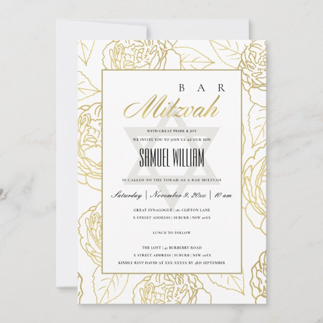 LUXE NAVY GOLD ROSE FLORAL BAT BAR MITZVAH EINLADE DANKESKARTE (Vorderseite)