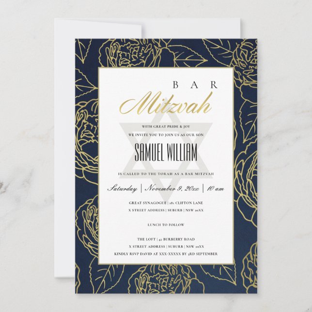 LUXE NAVY GOLD ROSE FLORAL BAT BAR MITZVAH EINLADE DANKESKARTE (Vorderseite)