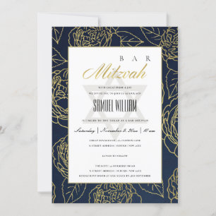 LUXE NAVY GOLD ROSE FLORAL BAT BAR MITZVAH EINLADE DANKESKARTE