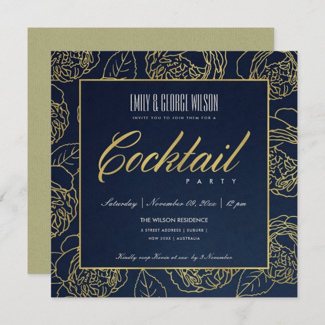 LUXE NAVY IMITATS GOLD ROSE FLORAL COCKTAIL PARTY EINLADUNG (Vorne/Hinten)
