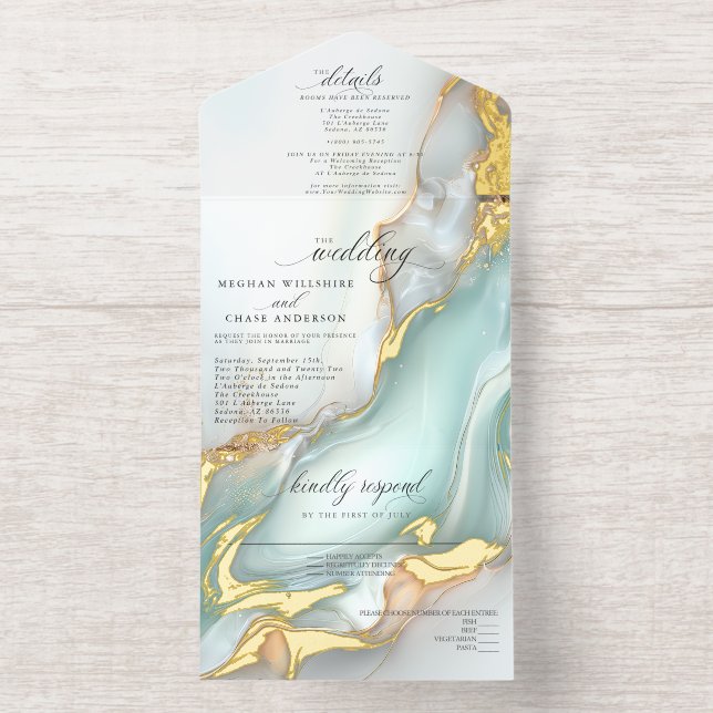 Luxe Opal Teal Gold Fluid Alcohol Ink All-in-One-Einladung (Innenseite)