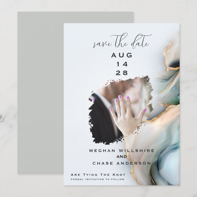 Luxe Opal Teal Gold Fluid Alcohol Ink Einladung (Vorne/Hinten)