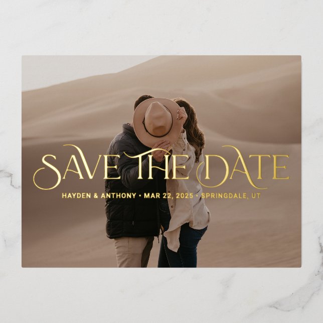 Luxe Overlay FOIL Wedding Save the Date Postcard Folie Einladungspostkarte (Vorderseite)