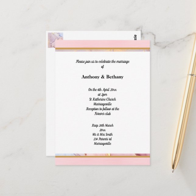 LUXE PASTEL GOLD MARBLE WEDING INVITATION POSTKARTE (Vorderseite/Rückseite Beispiel)