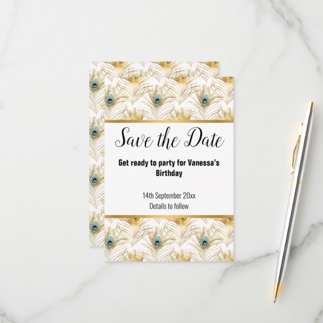 LUXE PEACOCK FEATHER GOLD SAVE THE DATE RSVP KARTE (Vorderseite/Rückseite Beispiel)