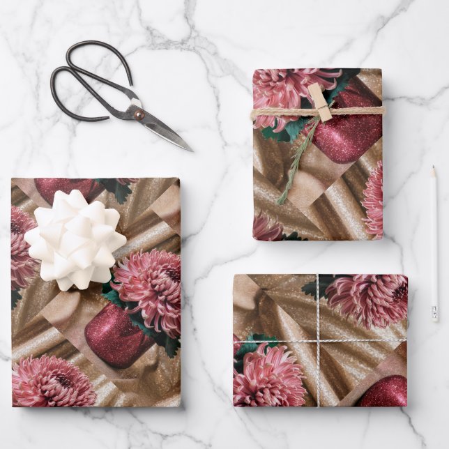 Luxe Pink Chrysanthemums Gold Wrapping Paper Set Geschenkpapier Set (Vorderseite)