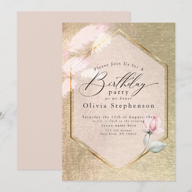 Luxe Pink Gold Floral Geburtstag Einladung (Vorne/Hinten)