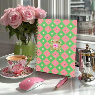 Luxe Pink & Green Harlequin-Wappen-Monogramm Notizbuch