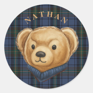 Luxe Preppy Karo Teddybär Kopf Runder Aufkleber