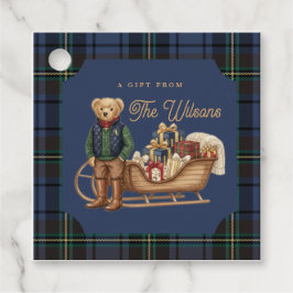Luxe Preppy Plaid Christmas Teddy Bear Photo Card Geschenkanhänger