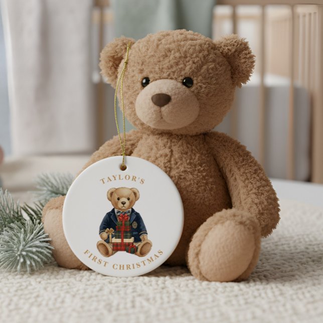 Luxe Preppy Plaid Teddy Bear | 1st Christmas Keramik Ornament (Von Creator hochgeladen)