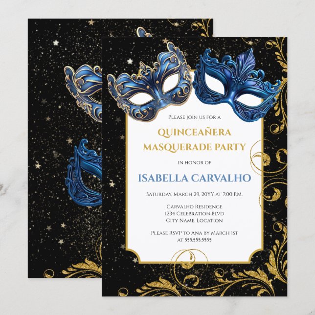 Luxe Quinceañera Masquerade Party Einladung (Vorne/Hinten)